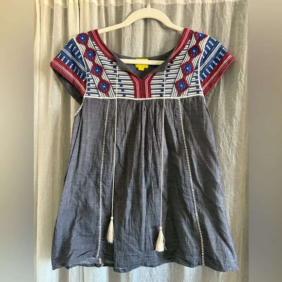 Roller Rabbit Tops - Roller Rabbit Charcoal Gray Blouse with Red White Blue Embroidery size small